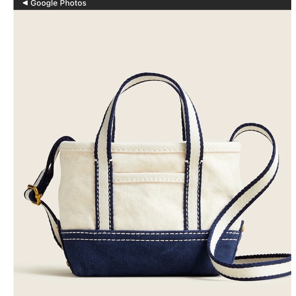 J.Crew Mini Montauk Tote Bag Green Natural Canvas Crossbody Preppy New England - Picture 2 of 14